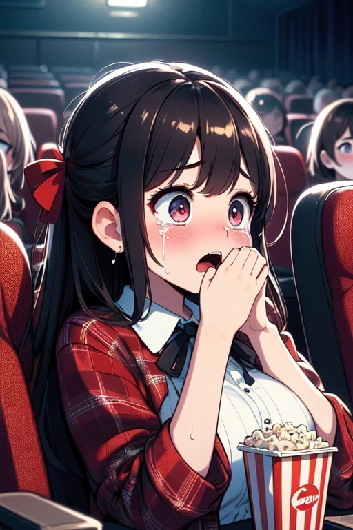 (((masterpiece))), (((best quality))), (((horror movie))), (((crowd))), ((hands on own face)), ((cinema seating)), ((scared)), ((crying with eyes open)), popcorn, cocacola, disposable cup, plaid jacket, stairs, night, open mouth, 1girl, big tits, ribbon, sweat, shy, blush, slim figure, <lora:girllikehorrormovie:0.8>