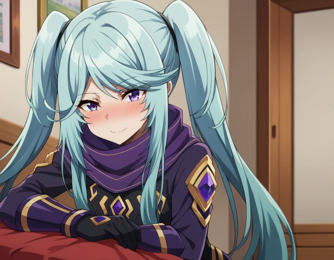 score_9, score_8_up, score_7_up, source_anime,
shadowepsilon, <lora:shadow-epsilon-ponyxl-lora-nochekaiser:1>,
epsilon, long hair, twintails, blue hair, purple eyes, sidelocks, smile,
bodysuit, scarf, purple scarf, gloves, black gloves,
indoors, bed, bed room, on side, blush, drunk,
looking at viewer, cowboy shot, dutch angle,