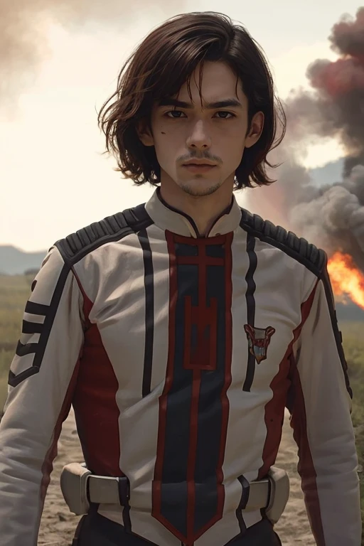 1man,short wavy hair,parted bangs,brown eyes,lips,looking at viewer,guts uniform,<lora:GUTS_uniform:0.9>,photography,best quality,masterpiece,depth of field,outdoors,On the battlefield filled with gunpowder and smoke,