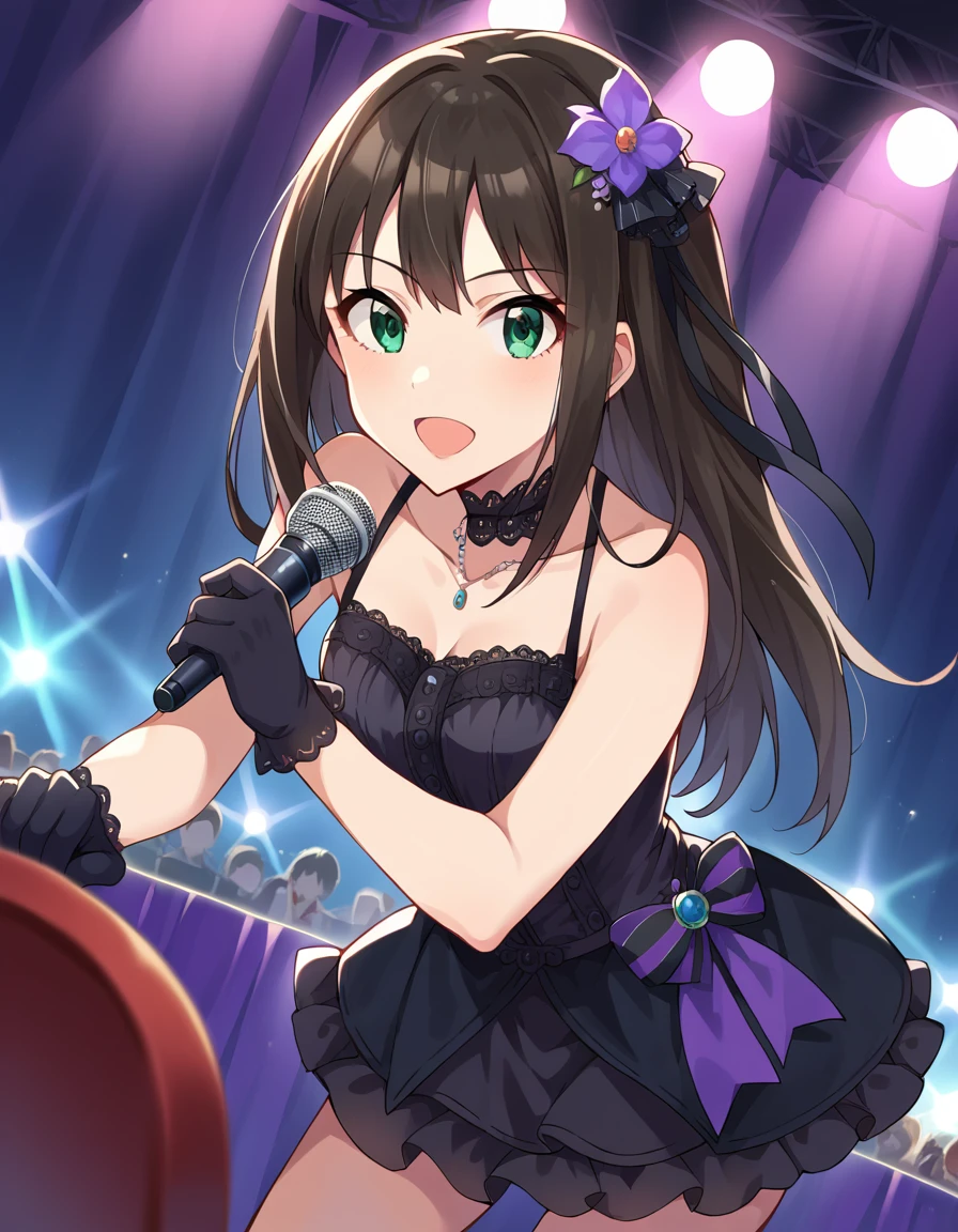 score_9, score_8_up, score_7_up, source_anime,
rinshibuya, <lora:rin-shibuya-ponyxl-lora-nochekaiser:1>,
rin shibuya, black hair, green eyes, long hair,
black gloves, black gothic dress \(idolmaster\), black ribbon, black shirt, choker, collarbone, gloves, hair flower, hair ornament, hair ribbon, idol, purple flower, ribbon, shirt, sleeveless, sleeveless shirt,
indoors, stage, stage lights, concert, audience, holding microphone, microphone, singing, bent over,
looking at viewer, dutch angle, cowboy shot,