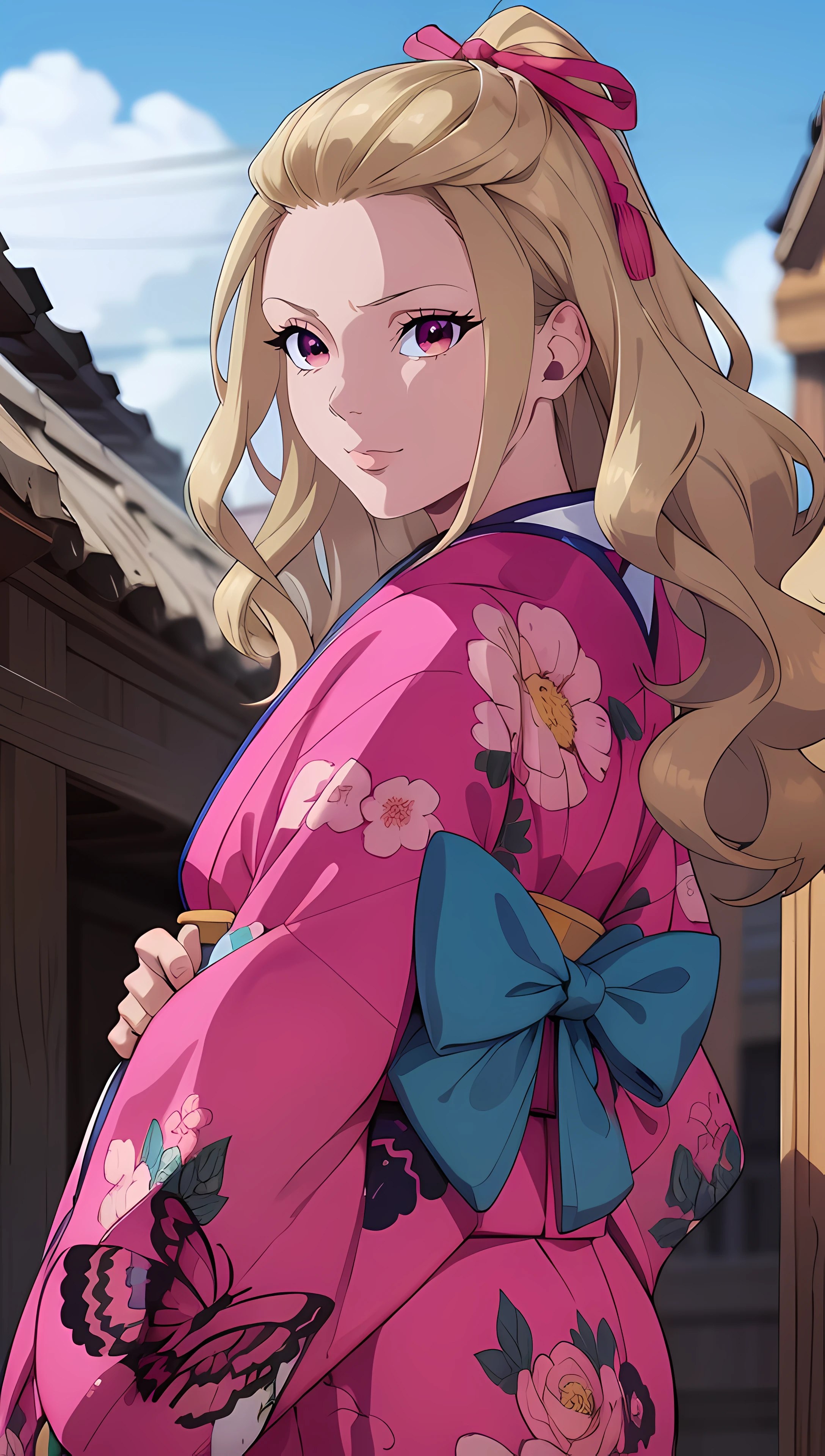 masterpiece, best quality, high resolution, highly detailed, HDR, intricate detail, ultra detailed,
BREAK
<lora:Saimori Kaya:0.7>_wavy blonde waist-length hair_bangs tied with pink ribbon_pink eyes_(open forehead:1.2)
BREAK
 (looking back:1.3)_(cowboy shot:1.4)
BREAK
(Pink kimono:1.3)