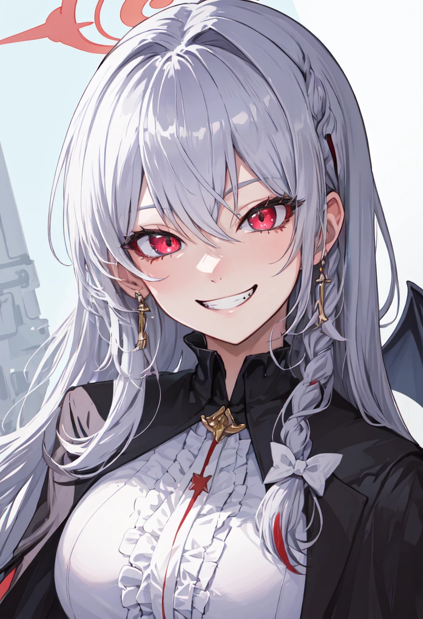 best quality, masterpiece, highres, solo, (haruna_bluearchive:1.10), evil grin, evil smile, grin, portrait, looking at viewer, 46 <lora:haruna_bluearchive:0.80>