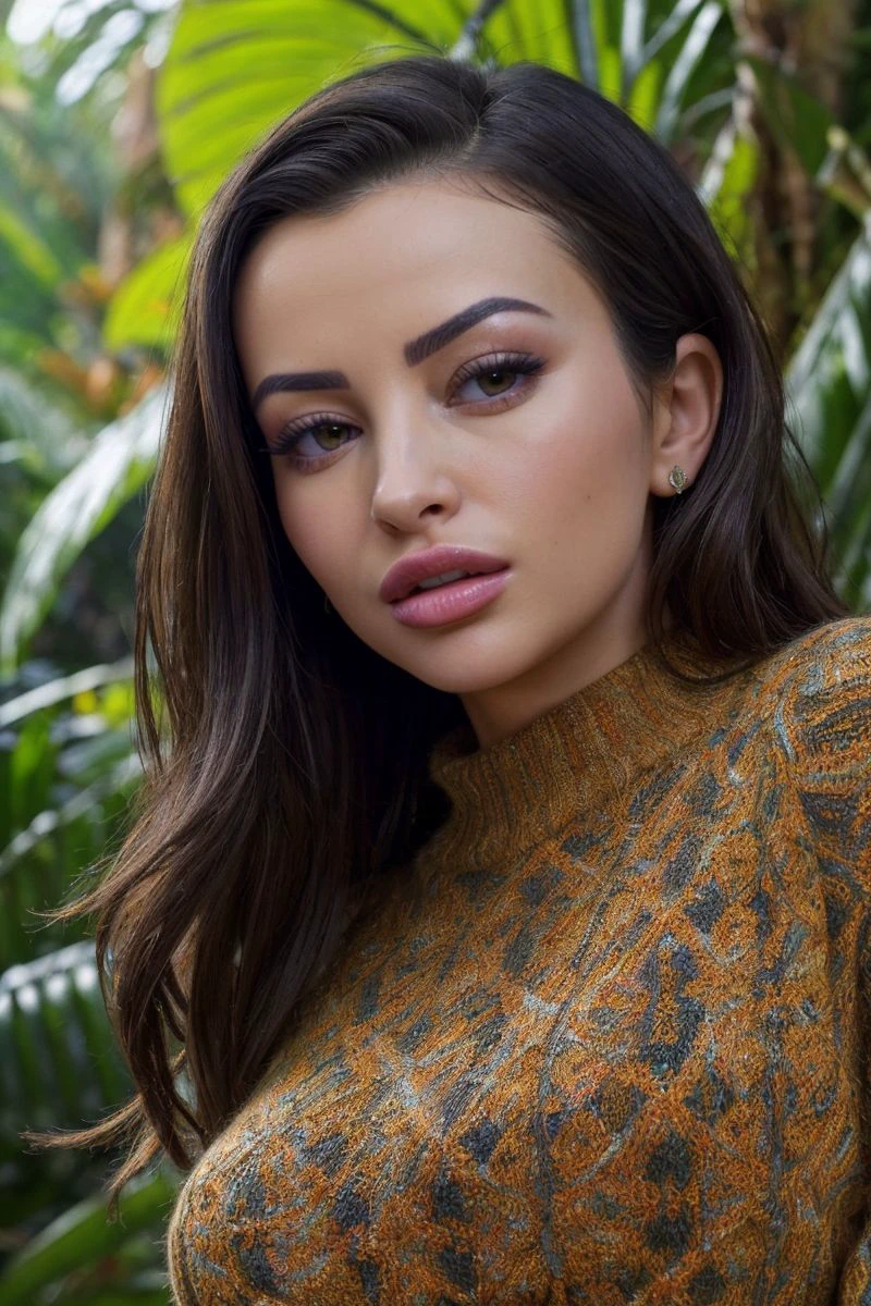headshot of S359_AlyssiaKent,a gorgeous woman,in a (jungle:1.1),wearing a (patterned-sweater:1.1),(4k, RAW photo, best quality, 35mm, depth of field, ultra high res:1.1),(absurdres, intricate, photorealistic, cinematic-shot, masterpiece, ultra-detailed:1.1),