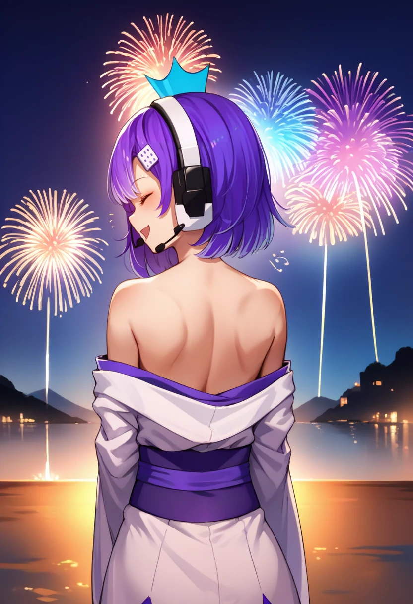 score_9, score_8_up, score_7_up, source_anime, from behind, solo, 1girl, twitch-chan, happy, looking back, purple hair, hair ornament, headset, crown, closed eyes, white kimono, off shoulder, purple sash, bare shoulders, fireworks <lora:gijinkaseries_twitch_ponyXL:1>