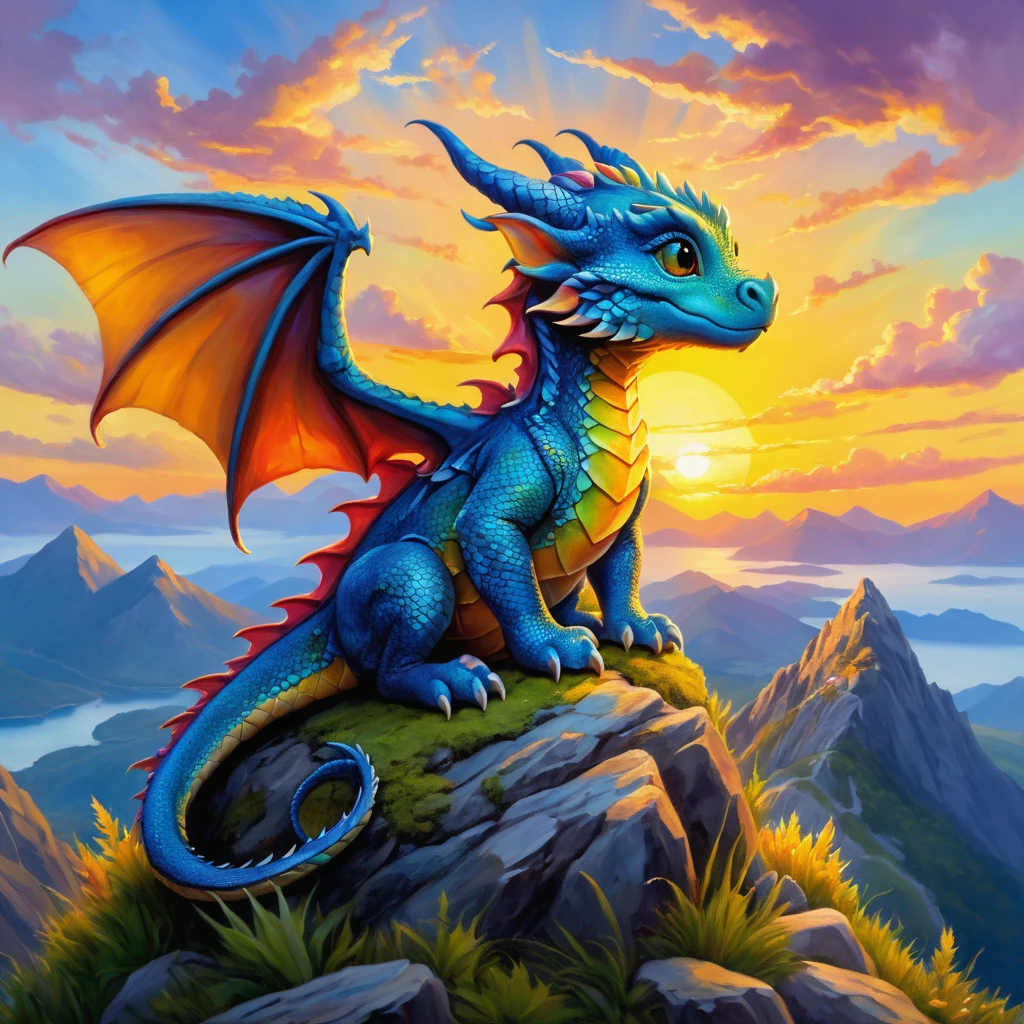 a kind little dragon sits on the top of a mountain and thinks about the eternal, sunset, evening, oil paints