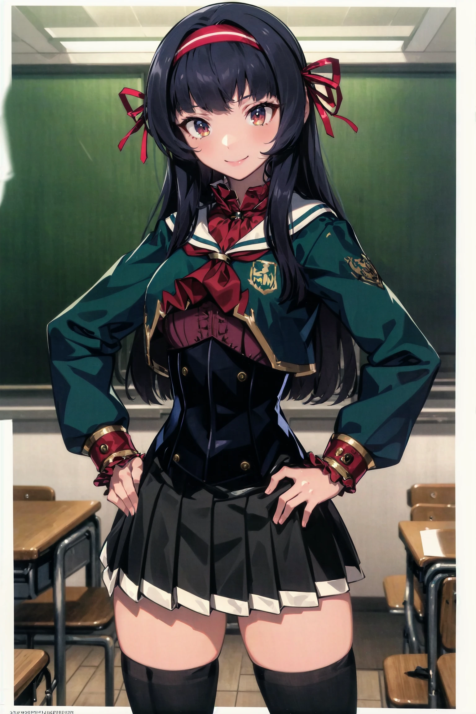 absurdres, high detail, uhd, school classroom
standing, light smile, hands on hip,
curren, long hair, hairband, hair ribbon, school uniform, red hairband, hair ribbon, red shirt, frilled shirt, green jacket, long sleeves, crop top, red neckerchief, corset, pleated skirt, black thighhighs, loafers
<lora:gomaotsu-curren-t2-000080:0.7>