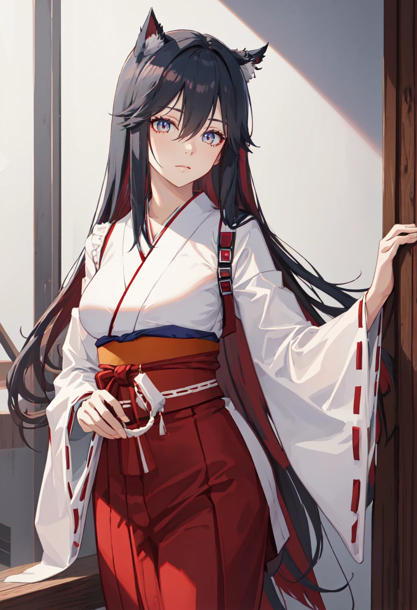best quality, masterpiece, highres, solo, (texas_arknights:1.10), (white kimono:1.35), (red hakama:1.35), (wide sleeves:1.20), 29 <lora:texas_arknights:0.80>