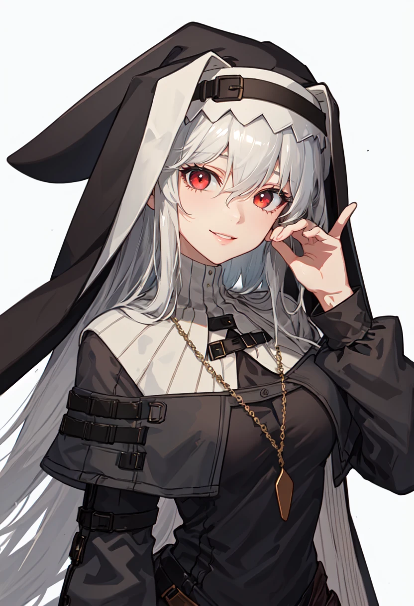 best quality, masterpiece, highres, solo, (specter_arknights:1.10), 1girl, black dress, habit, looking at viewer, nun, upper body, necklace, smile, long sleeves, hand up, simple background, capelet, parted lips, white background, 2 <lora:specter_arknights:0.80>
