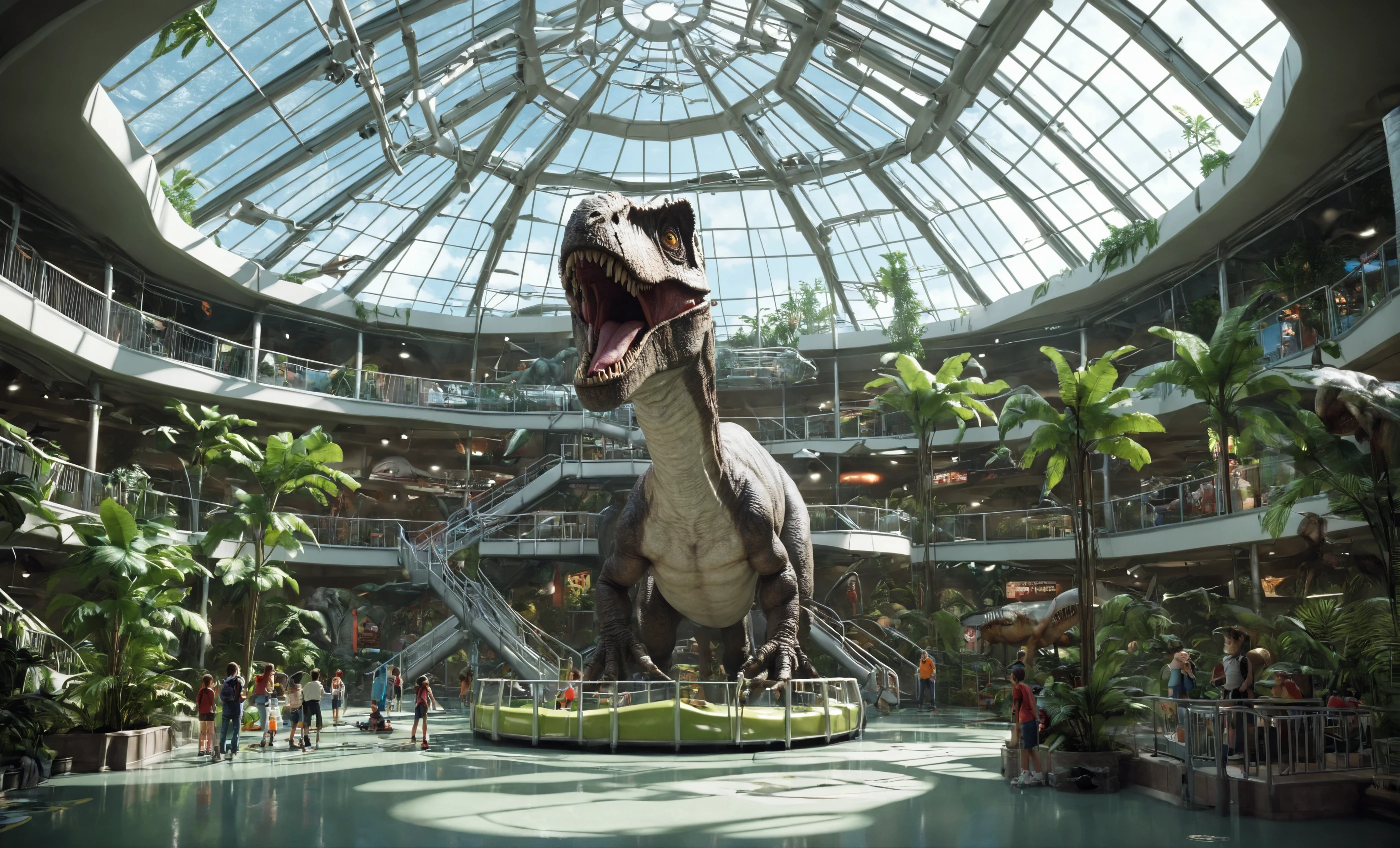 jzcgXL052,indoors,Sci-fi scenesï¼An indoor playground that looks like the real outdoor worldï¼Oversized atrium with glass roofï¼Jurassic Park themed elementsï¼treesï¼The atmosphere of the movie ï¼scenery,  people, <lora:JZCGXL052-000008:0.3>, hyperrealistic art . extremely high-resolution details, photographic, realism pushed to extreme, fine texture, incredibly lifelike