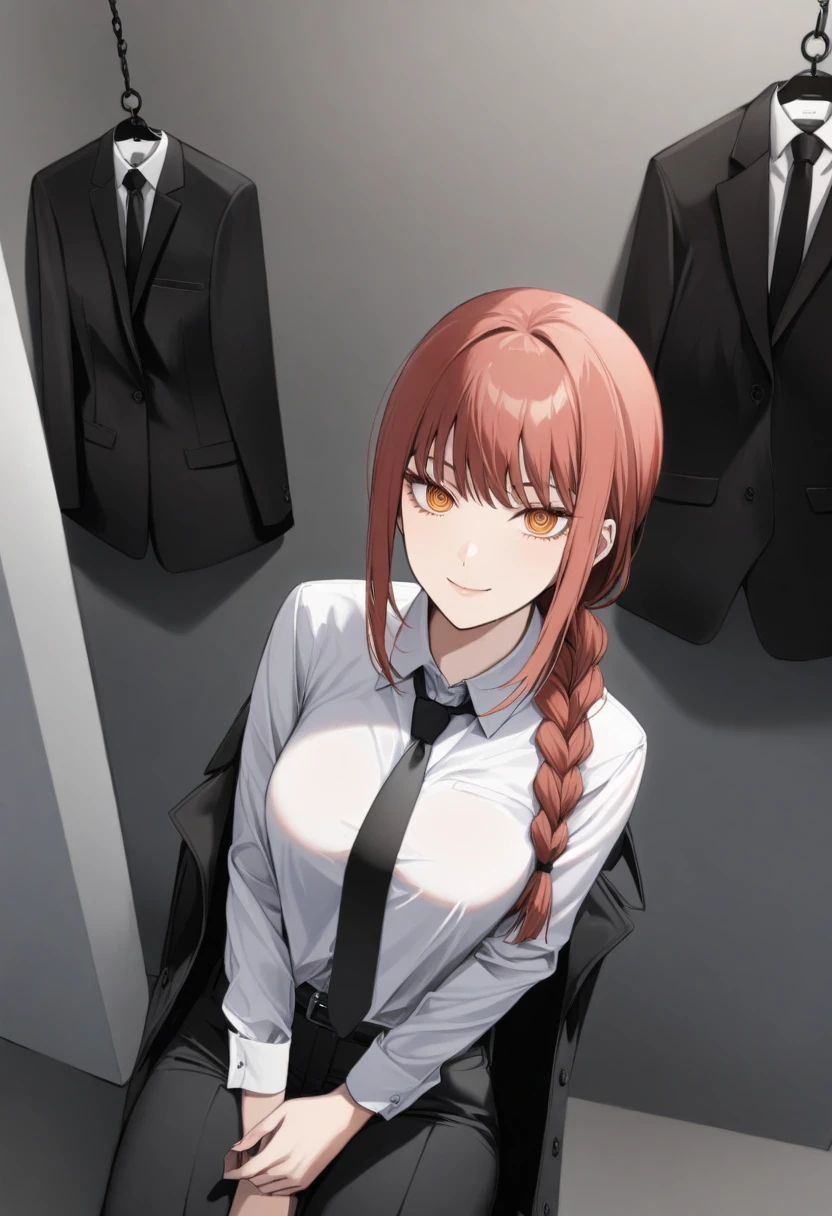 1girl,makima(chainsaw_man),belt,black_jacket,black_necktie,black_pants,braid,braided_ponytail,breasts,brown_hair,business_suit,buttoned_cuffs,(chain:1.3),collared_shirt,formal,jacket,light_smile,long_hair,long_sleeves,looking_at_viewer,medium_breasts,necktie,office_lady,own_hands_together,pants,ringed_eyes,shirt_tucked_in,smile,solo,suit,unworn_jacket,white_shirt,<lora:makima (chainsaw man) xl:0.7>,