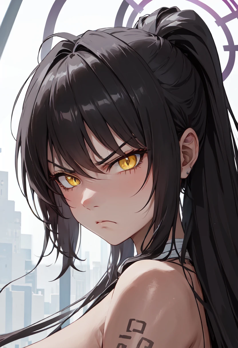 girl muscles huge breasts pale skin very long hair black hair yellow eyes sad expressionless solo black night dress black night dress