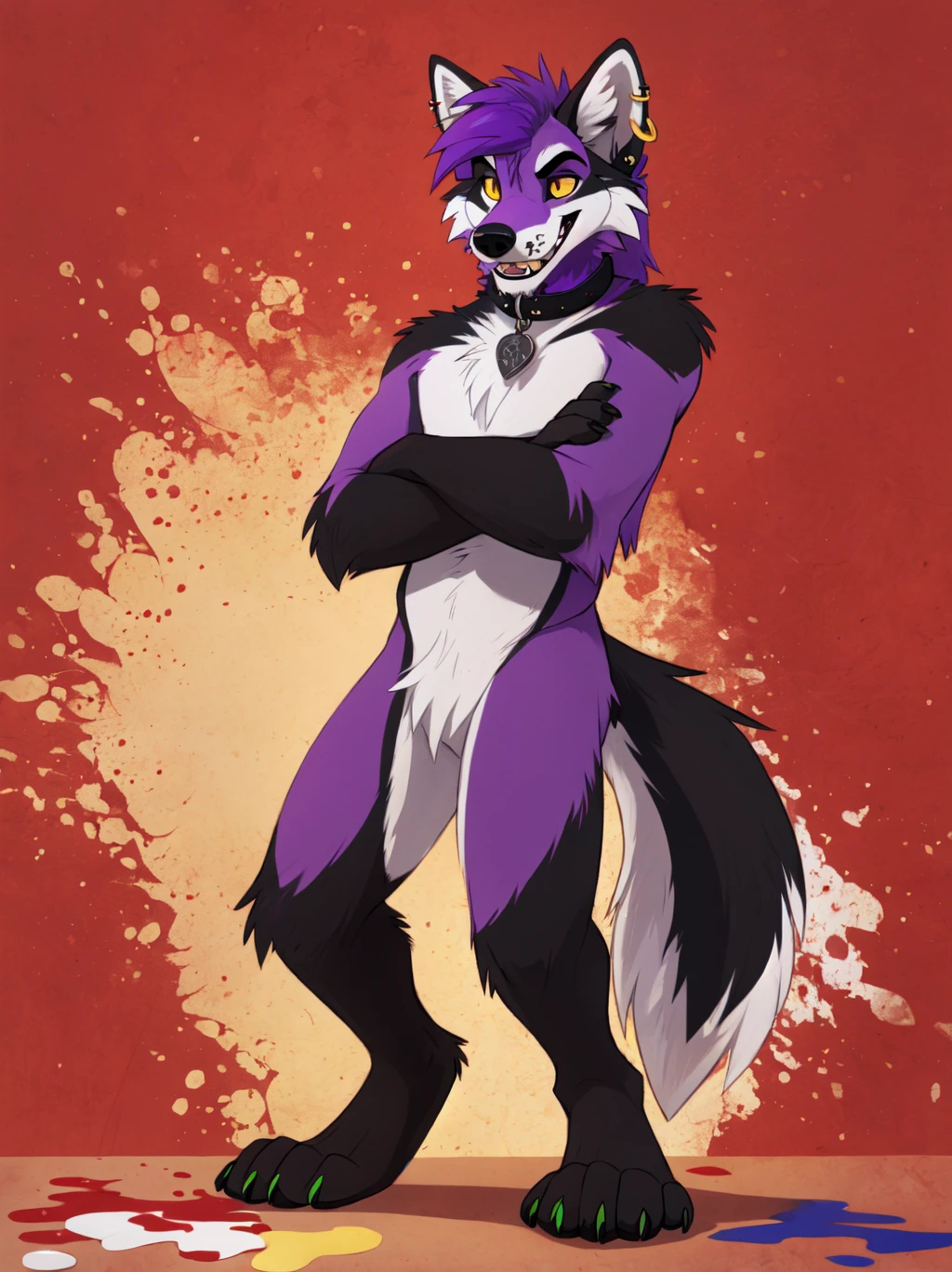 solo, collar, mammal, full body, plantigrade, fur, piercing, male, ear piercing, abstract background, red background, paint splatter background, canine, canid, teeth, canis, smile, purple body, yellow eyes, black nose, anthro, ring piercing, tuft, black fur, digital media (artwork), wolf, purple fur, hair, black body, standing, arms crossed, fangs, facial tuft, ambiguous gender, cheek tuft, white fur, facial hair, white body, accessory, ear ring, green tongue, nose piercing, hi res, by darkgem, by kenket, <lora:furryflatcolor:1>