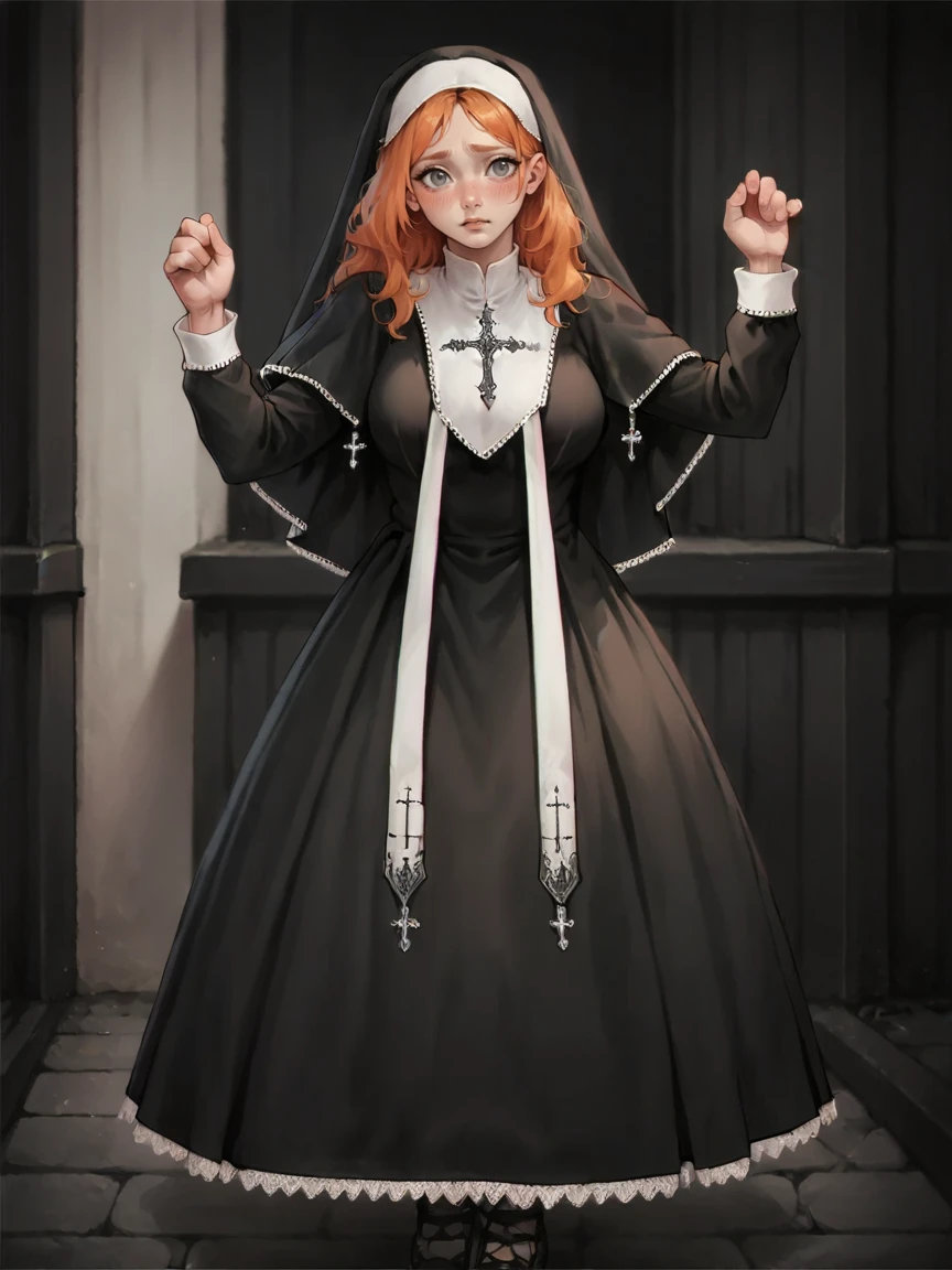 score_9, score_8_up, score_7_up, score_6_up, score_5_up, score_4_up, cute, grey eyes, ginger hair, blush, curvy, large breasts, long hair, dress, nun, nunl0l <lora:nunl0lXLP:0.65>