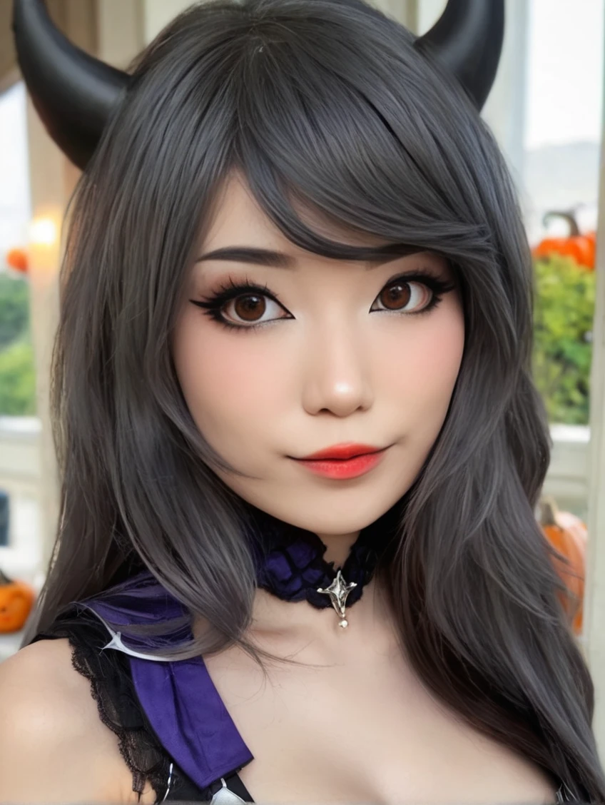 a beautiful picture of emiruXL, <lora:emiruXL:1> detailed skin texture,masterpiece, photorealistic, woman, 4k, light, RAW color photo,(fully in frame:1.1), (goosebumps:0.5),asian, detailed face,wearing a cosplay,halloween,subtle smile