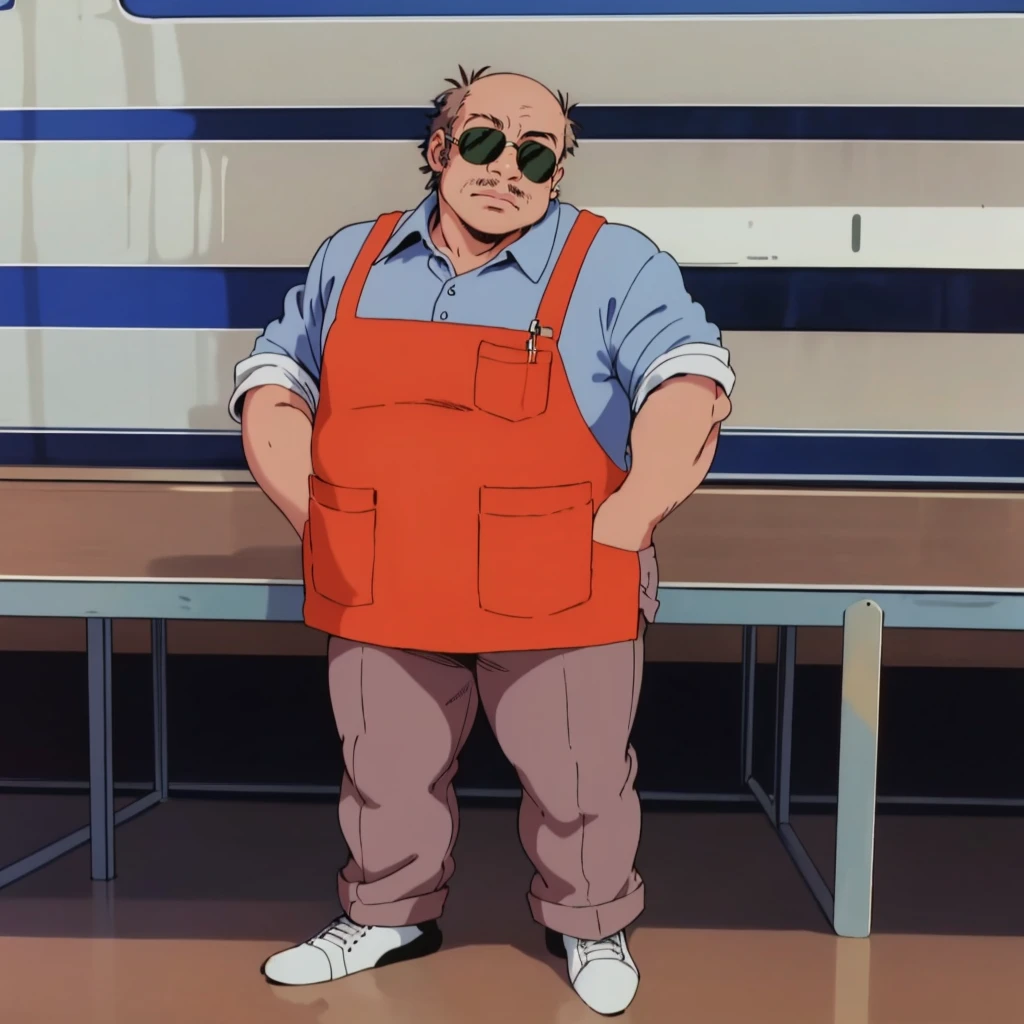 <lora:MZ1Coco001:0.7>,
MZ1Coco,1oldman,sunglasses,fat,retro artstyle,1980s (style),
collared_shirt,orange apron,
pants,
full body,looking back,