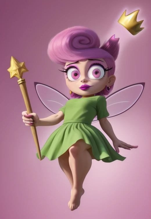 <lora:wandaodd:1> wanda, pink hair, 1girl, pink eyes, crown, wand, lipstick, earrings, makeup, purple hair, wandaodd, floating, fairy, green shirt, midget