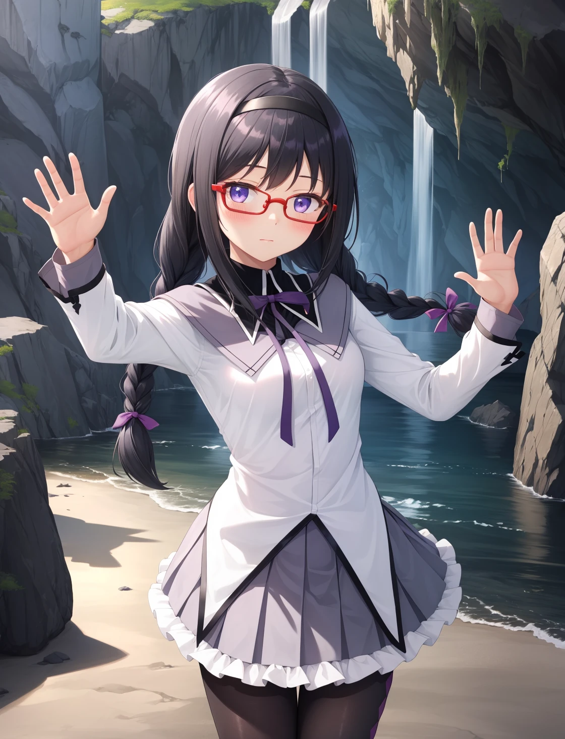 masterpiece, best quality, highres,
AkemiAi, 1girl, solo, purple eyes, black hair, glasses, red glasses, red-framed eyewear, braid, twin braids, ribbon, hairband, black hairband, neck ribbon, small breasts, closed mouth, long hair, breasts, blush, bangs,
skirt, shirt, long sleeves, short over long sleeves, standing, white shirt, pantyhose, pleated skirt, frills, black pantyhose, frilled skirt, grey skirt, purple skirt, shiny, miniskirt, purple ribbon, argyle, argyle legwear, magical girl, akemi homura,
cowboy shot, looking at viewer, waving, waving arms, arms up, outdoors, cave, darkness, shadow, stalactite, <lora:Akemi:1>
