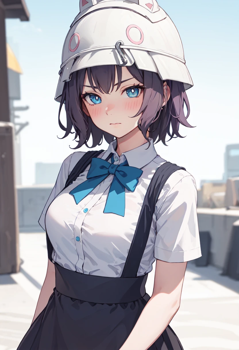 best quality, masterpiece, highres, solo, (saki_bluearchive:1.10), short sleeves, white shirt, 1girl, blue apron, blush, collared shirt, helmet, looking at viewer, official alternate costume, black bowtie, blurry background, white headwear, 7 <lora:saki_bluearchive:0.80>