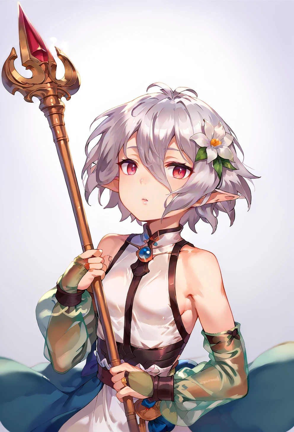 <lora:kinta_distortion_style_pony:1> score_9, score_8_up, score_7_up, score_6_up, source anime, BREAK,
 kintadistortion, 1girl, solo, hair ornament, pointy ears, hair flower, flower, elf, short hair, holding, hair between eyes, antenna hair, weapon, dress, polearm, detached sleeves, looking at viewer, bridal gauntlets, bare shoulders, holding weapon, see-through, white flower, holding polearm, bangs, sleeveless, see-through sleeves, pink eyes, white hair, sleeveless dress, spear, grey hair, long sleeves, parted lips, staff, small breasts, breasts, open mouth, :o