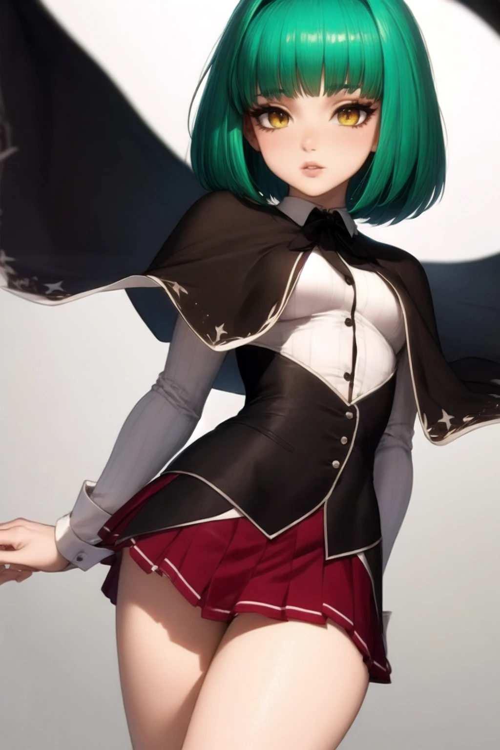 (from front, cowboy shot, standing), 1girl, green hair, short hair, yellow eyes, blunt bangs, (small breasts), kuoh_academy_school_uniform, black bow, black bowtie, black capelet, black corset, collared shirt, pleated skirt, red skirt, school uniform, white shirt, miniskirt, kneehighs, shoes, <lora:kuoh_academy_school_uniform-000003:1>, BREAK
(masterpiece, best quality, ultra detailed, intricate details:1.2), (8k, 4k, beautiful detailed background, beautiful detailed eyes, perfect face, lip, nose, eyelashes), (solo, white background), perfect female body, lips,  <lora:more_details:0.4>