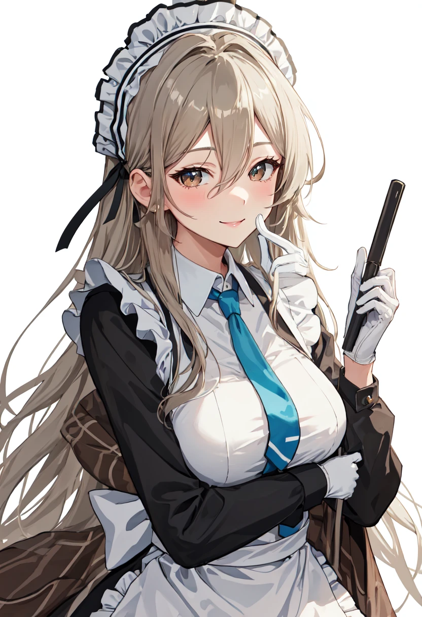 best quality, masterpiece, highres, solo, (akane_bluearchive:1.10), long sleeves, maid headdress, 1girl, white apron, white gloves, looking at viewer, smile, blue necktie, holding, shawl, blush, closed mouth, frilled apron, maid apron, simple background, white background, 9 <lora:akane_bluearchive:0.80>