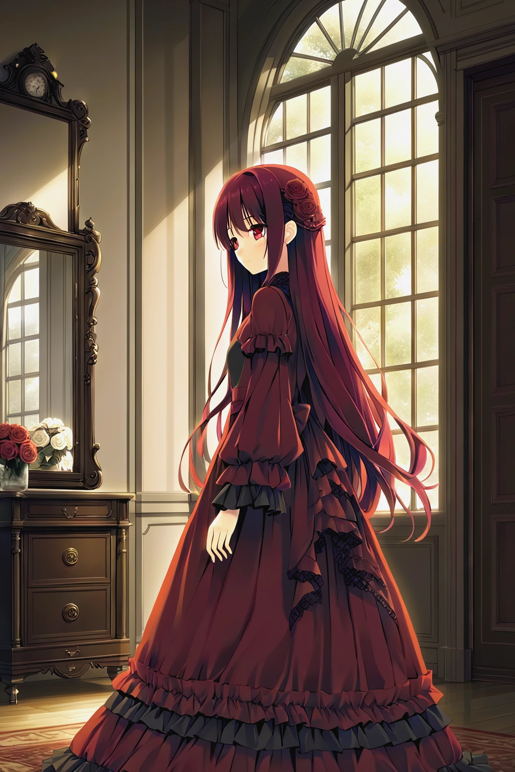 solo,kawaii,
masterpiece,best quality, game CG,gothic  frilled dress, lace,
BREAK
1girl,
dark red hair,
very long hair,
red eyes,
from front,
face,
In the sepia tones of nostalgia and loneliness,
BREAK
a solitary figure gazes into the distance by a window, or reflects on old letters, surrounded by antique furniture.
BREAK
In a room filled with memories, quiet moments of solitude unfold,
BREAK
capturing the emotions of loneliness and longing, as time stands still.