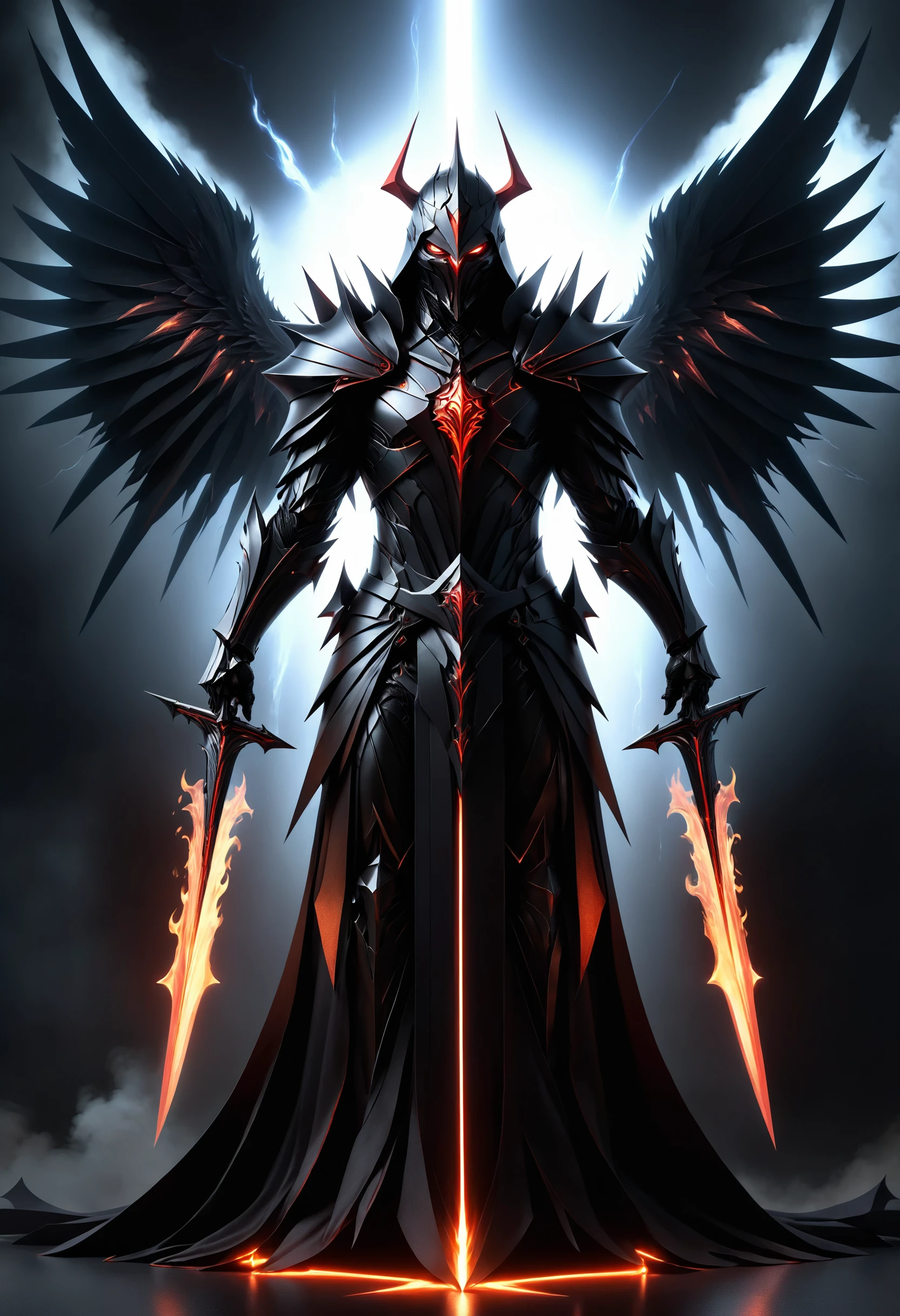 poster art, evil knight with a long flowing dark cape, angel of darkness, flaming wings, glowing swords, fearsome and visually striking character with shifting tendrils, red glowing eyes, dark holographic glow, dim light, fantasy art, attention to details, octane render, volumetrics, by greg rutkowski
<lora:dvr-shrp:1> dvr-shrp