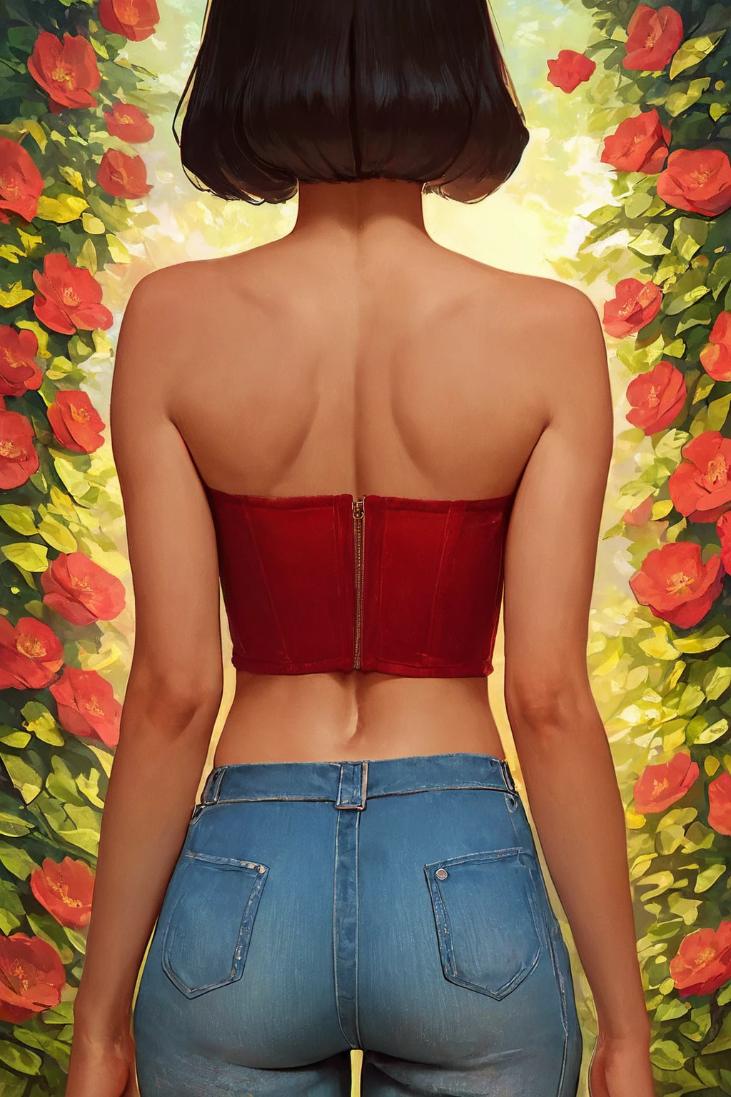 score_9, score_8_up, score_7_up, score_6_up, score_5_up, score_4_up, rating_safe, source_anime, beautiful caucasian woman, age 21, irresistible, (casual:1.3), standing outdoor, back view, city in background, ideal face, ideal body, cute smile, wearing red strapless bustier top and low-rise blue-denim-pants, navel, zPDXL, <lora:Bonifasco_PonyXL_v1:0.7>, <lora:BT_Bustier_Top_Pony:0.6>