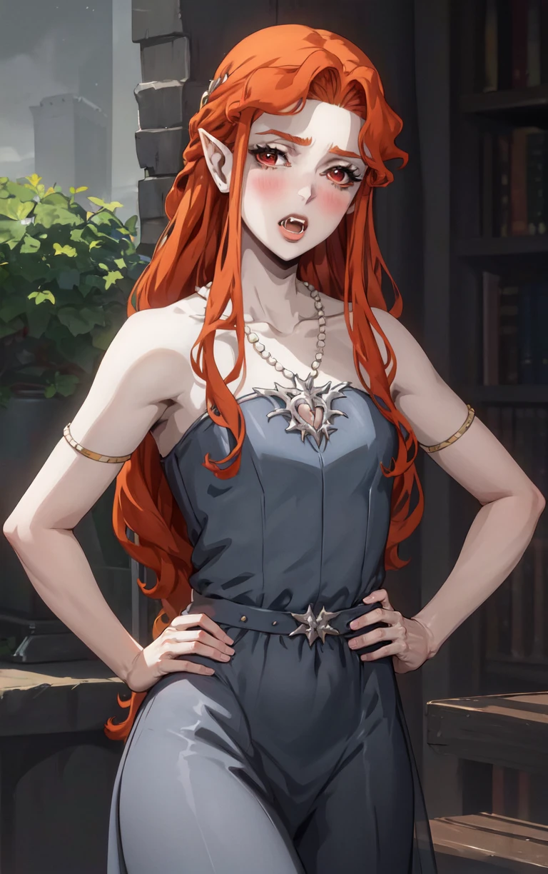 ((masterpiece, best quality)), insaneres, absurdres, solo, looking at viewer,
NightGown_Lenore_ownwaifu,
1girl, long hair, red hair, red eyes, pointy ears, blush, breasts, cleavage, lips, red lips, collarbone, fangs, lipstick, makeup, vampire, braid, floating hair,
jewelry, necklace, pearl necklace, armlet, grey dress, bare shoulders,
(contrapposto, hand on hip)<lora:CARTOON_Castlevania_Lenore_ownwaifu:1>,
depth of field, vanishing point, garden, sidelighting,