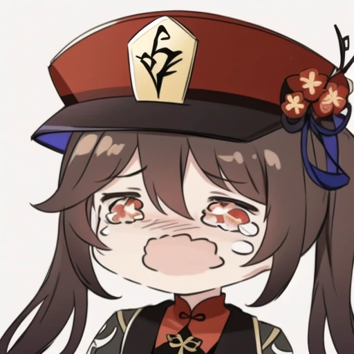 <lora:Ath_crying:1>,crying,hu tao \(genshin impact\),1girl,hat,solo,brown hair,smile,jewelry,flower,red eyes,chibi,long sleeves,twintails,long hair,ring,looking at viewer,black nails,symbol-shaped pupils,bangs,bracelet,hat flower,chinese clothes,simple background,sidelocks,gradient,hair between eyes,gradient background,multicolored hair,gradient hair,upper body,black headwear,coat,