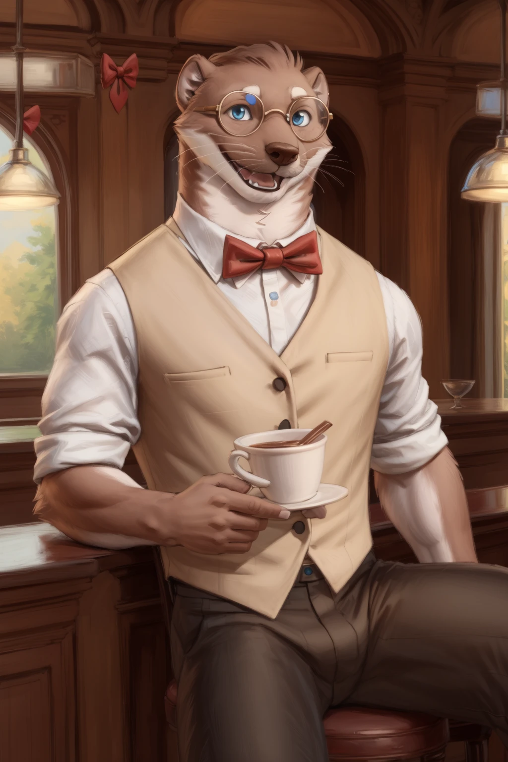 <lora:cliffV3-04:1>, clifford tibbits, blue eyes, (posing:1.3), (soft shading), 4k, hi res, ((detailed face, detailed)), by zackarry911, by zaush, (by personalami:0.5), smile, open mouth, shirt, bow, holding, white shirt, male focus, heart, glasses, collared shirt, pants, bowtie, vest, red bow, cup, black pants, red bowtie, holding cup, sleeves rolled up, brown vest, sitting, bar,