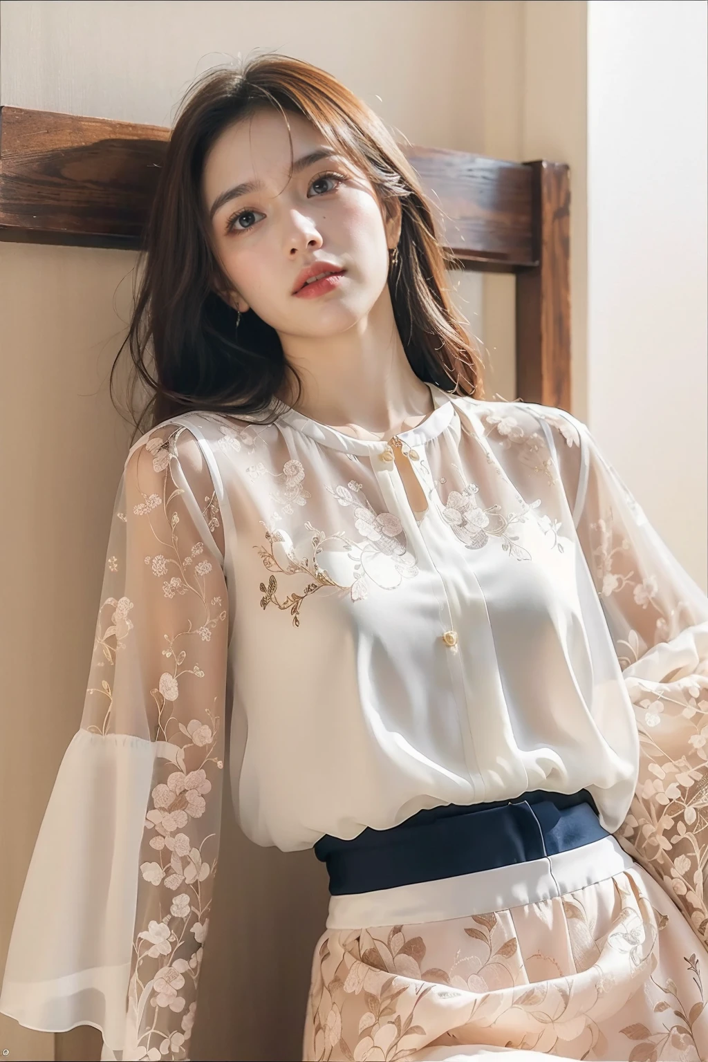 full_body,stand,xinzhongshi,transparent shirt,(patterned clothes:1.3),medium_skirt,((skirt:1.3)),complete body,<lora:xinzhongshi0.11:0.8>,<lora:1.5_perfect hands:0.8>,<lora:chinese-girl:0.7>,<lora:è¿-000001:0.4>,the perfect hand,, best quality, masterpiece, (photorealistic:1),ultra high res,highres,, illustration. media, delicate,8k wallpaper,soft light,official art, (realistic:1.2),1girl,