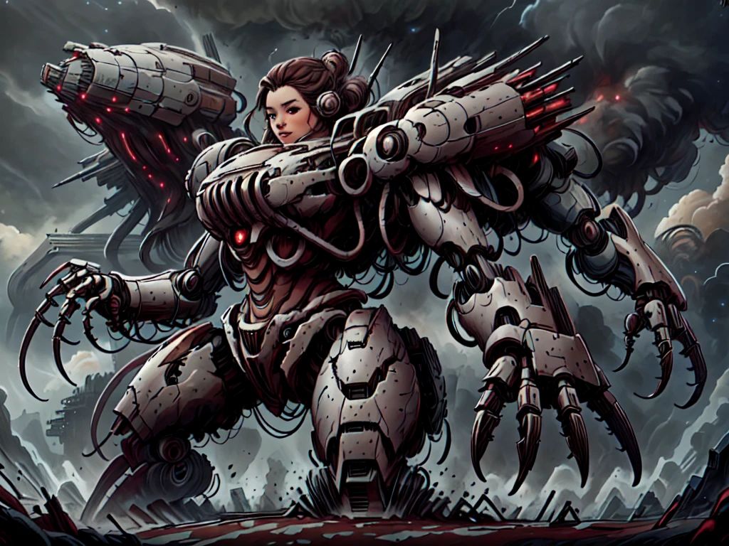 a woman looking down at a city in the background, piloting a mech with claws, EMH