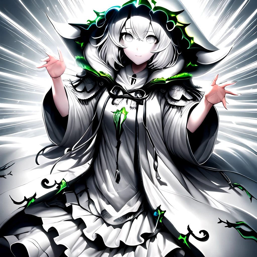 1girl, (solo:1.5), hood, (hood up:1.5), (light grey hair:1.5), (light grey eyes:1.5), light grey skin, looking at viewer, white robe
(dynamic angle:1.5), (dynamic pose:1.5)
<lora:monenaishou_v1:1>, monenaishou