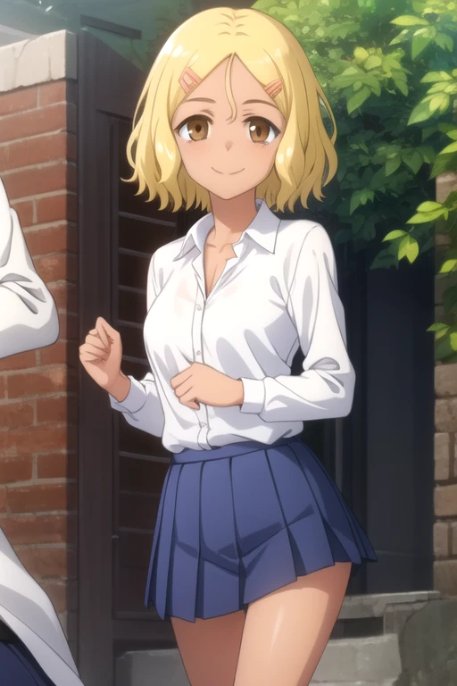 ((masterpiece)),(best quality),official art,extremely detailed CG,unity 8k wallpaper,ultra detailed,beautiful detailed eyes,extremely detailed face,outdoors,1girl,solo,cowboy shot,looking at viewer,facing viewer,smile,yellow hair,short hair,wavy_hair,hairclip,hair_between_eyes,brown eyes,tan,collarbone,collared shirt,white shirt,long sleeves,medium breasts,blue skirt,miniskirt,blue skirt,pleated skirt,loose_socks,white socks,uwabaki,<lora:Sakura(dtwm,mn)>,