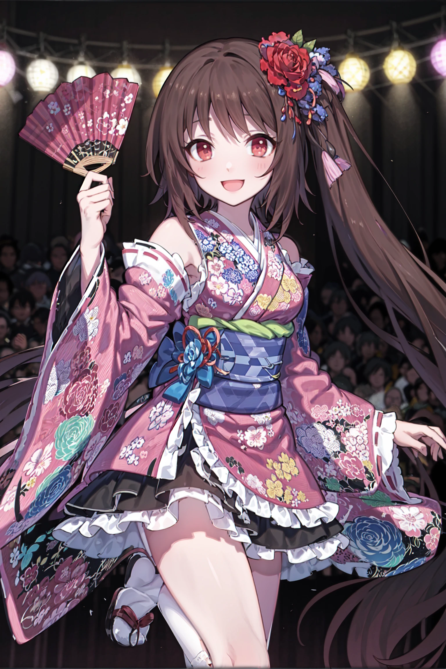 absurdres, high detail, uhd, stage, kabuki, spot light,
dancing, holding folding fan, smile, standing on one leg,
ranan, long hair, side ponytail, hair ornament, hair flower, red flower, rose, (red kimono:1.2), floral print, bare shoulders, frills, detached sleeves, long sleeves, wide sleeves, obi, kimono skirt, black skirt, frilled skirt,
<lora:gomaotsu-ranun-t1-000080:0.8>
