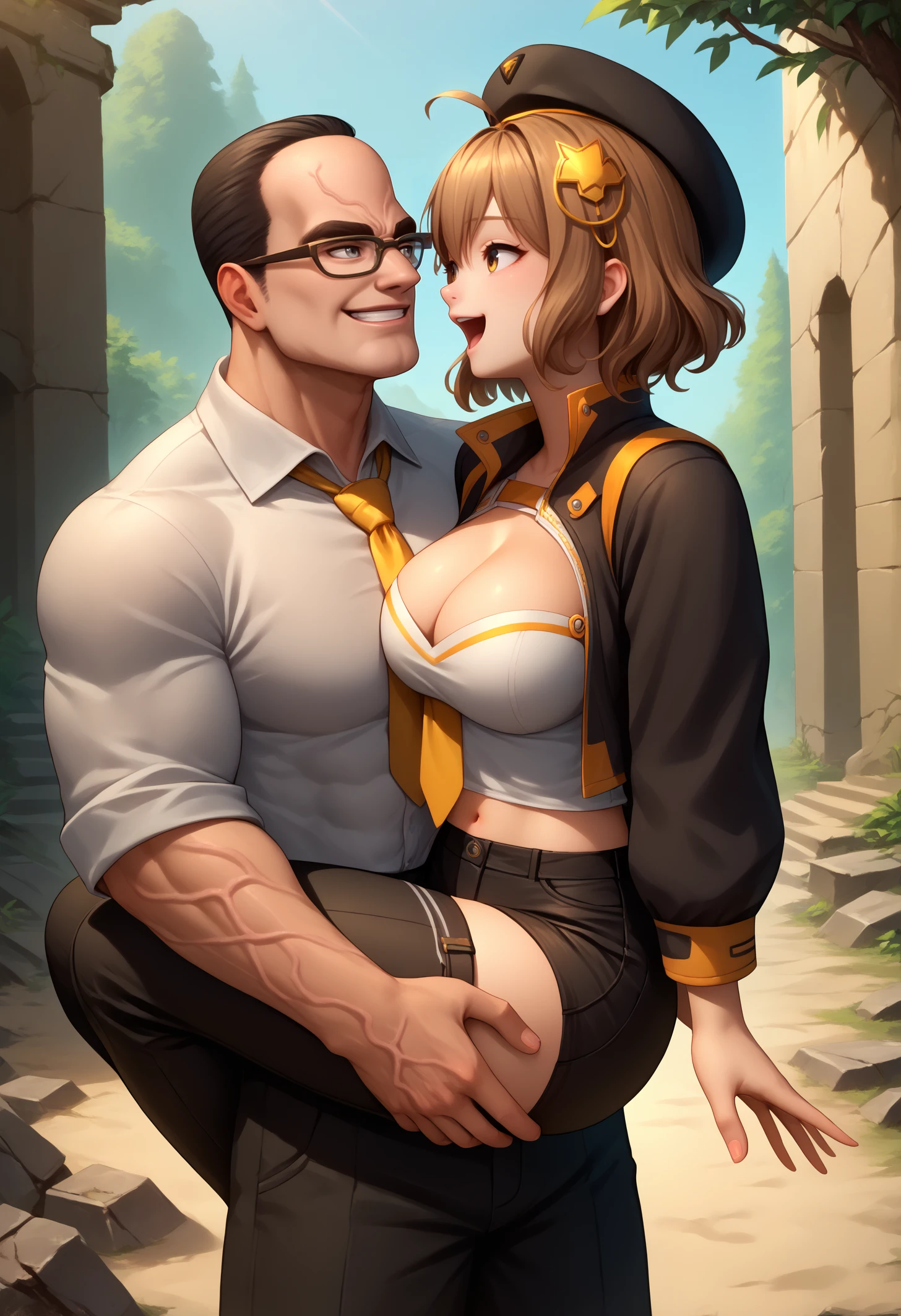 score_9, score_8_up, score_7_up, couple, cowboy shot, looking at another, princess carry, forest, ruins, outdoors,
BREAK 1boy, SenArmStrong, grey eyes, black hair, buzz cut, glasses, <lora:SenatorArmstrongPDXL_V1-Manityro-CAME:1.0>, veins, grin, large pectorals, chest, white shirt, yellow necktie, black pants,
BREAK 1girl, anisdef, ahoge, short hair, brown hair, hair ornament, beret, black jacket, open clothes, cleavage, midriff, black shorts, black thighhighs, thigh strap, fingerless gloves, single glove, large breasts, <lora:anis-nikke-richy-v1_pdxl:1.0>, happy, open mouth, airborne, floating,