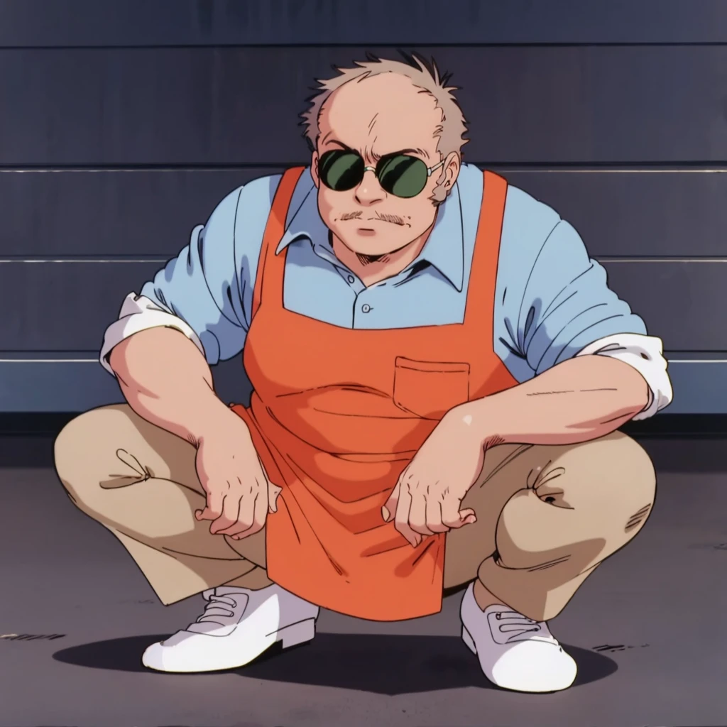 <lora:MZ1Coco001:0.7>,
MZ1Coco,1oldman,sunglasses,fat,retro artstyle,1980s (style),
collared_shirt,orange apron,
pants,
full body,squatting,