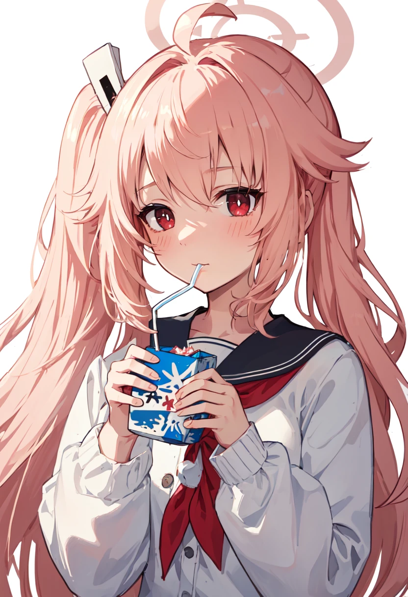 best quality, masterpiece, highres, solo, (natsu_bluearchive:1.10), 1girl, long sleeves, looking at viewer, milk carton, upper body, holding drink, red neckerchief, simple background, serafuku, white background, black sailor collar, blush, drinking straw in mouth, 6 <lora:natsu_bluearchive:0.80>