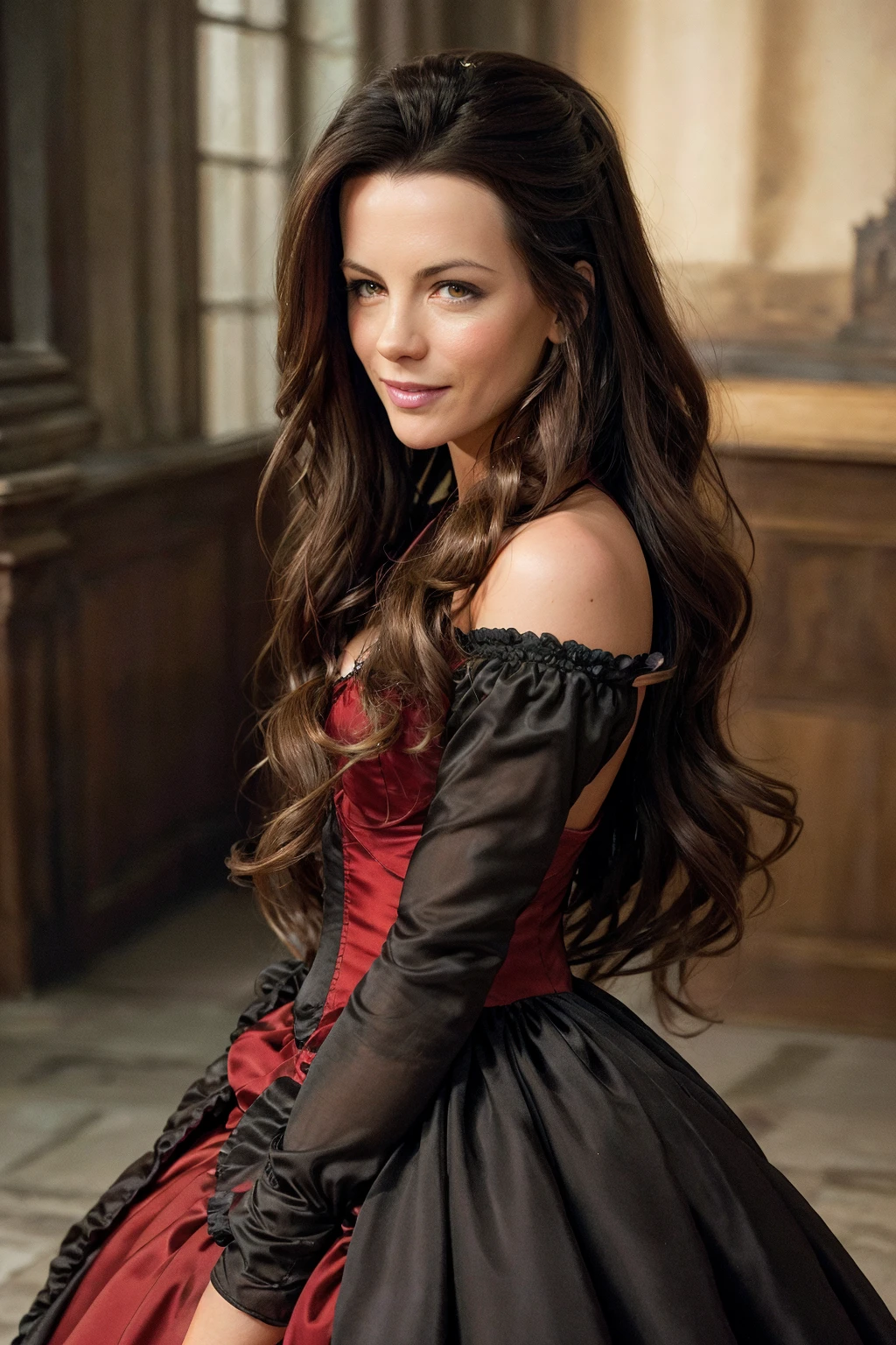 masterpiece, (a woman), Kate Beckinsale, ((smiling)), long hair, ((Vampire style, castle)), ((Gothic red dress)), best quality, ultra detailed, unity 8k wallpaper, (RAW photo, 4k, realistic, exquisitely detailed skin), soft cinematic light, slate atmosphere, cinematic, dimmed colors, dark shot, muted colors, film grainy, lut, spooky, <lora:80_Kate Beckinsale_Ai_v1:0.75>