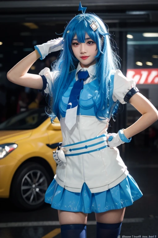 ltra-detailed,highly detailed,best quality,masterpiece,illustration,realistic,photorealistic,
22niang, bilibili suit, 1girl, cosplay, solo,
aqua hair, long hair, hair ornament, ahoge, hair ribbon,
collared shirt, puffy short sleeves, necktie, belt, pleated skirt, gloves,
looking at viewer, standing,
<lora:bilibili22niang_v1_07:0.99>