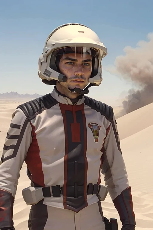 1man,(brown eyes,(lips:1.2)),open face helmet,looking at viewer,guts uniform,<lora:GUTS_uniform:0.8>,photography,best quality,masterpiece,depth of field,outdoors,desert,On the battlefield filled with gunpowder and smoke,