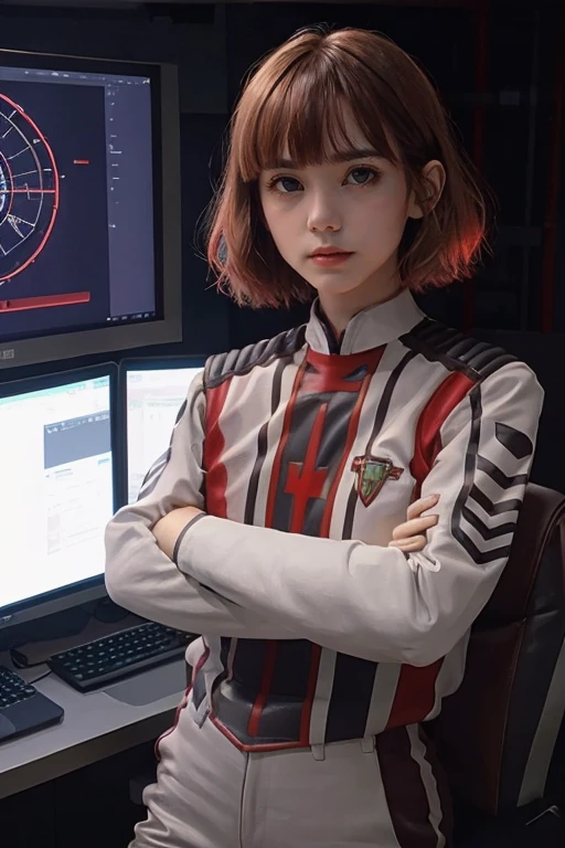 1girl,brown bob cut,bangs,crossed arms,looking at viewer,guts uniform,<lora:GUTS_uniform:0.9>,photography,best quality,masterpiece,tech control room background,neon trim,depth of field,indoors,
