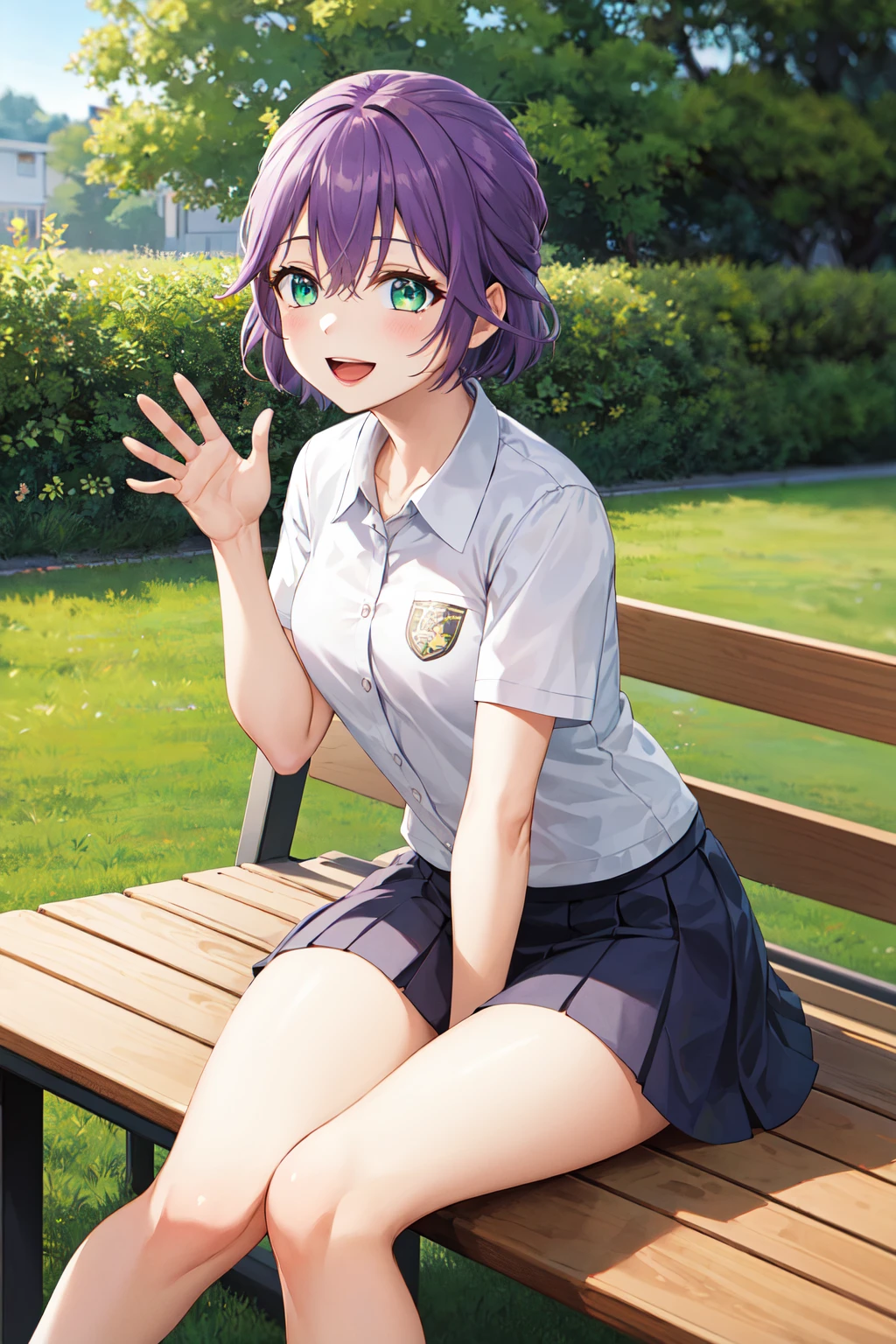 masterpiece, best quality, highres, 1girl, solo, short hair, purple hair, green eyes, <lora:segawa_hiro_v1:0.7>, school uniform, short sleeves, outdoors, bench, sitting, waving, smile, open mouth,