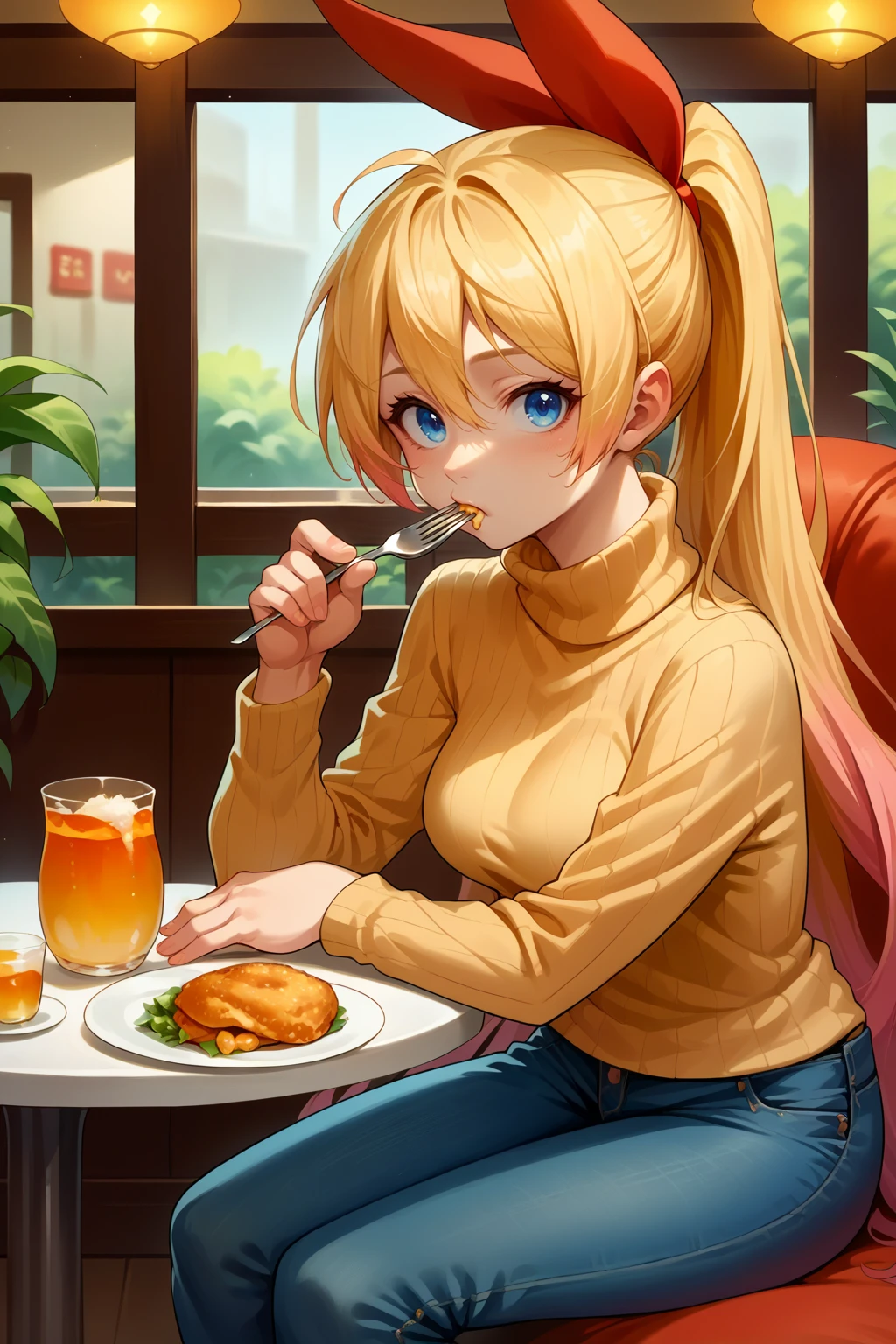 score_9, score_8_up, score_7_up, source_anime, looking at viewer, chtgkrsk, very long hair, gradient hair, ponytail, blue eyes, hair ribbon, red ribbon, turtleneck sweater, jeans, sitting, eating, holding fork, indoors, restaurant, <lora:Hoseki_Nsk_ChitogeKirisaki_PDXL_v1:1>