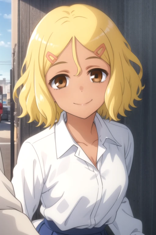 ((masterpiece)),(best quality),official art,extremely detailed CG,unity 8k wallpaper,ultra detailed,beautiful detailed eyes,extremely detailed face,outdoors,1girl,solo,upper body,(portrait:1.5),looking at viewer,facing viewer,smile,yellow hair,short hair,wavy_hair,hairclip,hair_between_eyes,brown eyes,tan,collarbone,collared shirt,white shirt,long sleeves,medium breasts,blue skirt,miniskirt,blue skirt,pleated skirt,loose_socks,white socks,uwabaki,<lora:Sakura(dtwm,mn)>,