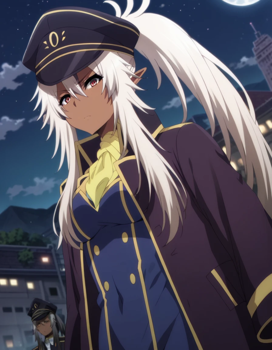 score_9, score_8_up, score_7_up, source_anime,
shadowlambda, <lora:shadow-lambda-ponyxl-lora-nochekaiser:1>,
lambda, long hair, white hair, pointy ears, dark skin, dark-skinned female, sidelocks, ponytail, red eyes,
hat, uniform, coat, sleeves past wrists, military, military uniform, peaked cap,
outdoors, cityscape, night, moon,
looking at viewer, cowboy shot, dutch angle,
