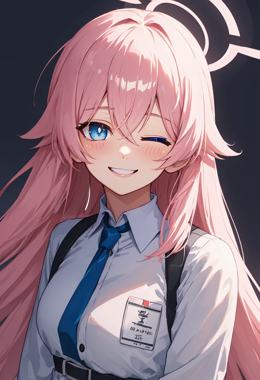 best quality, masterpiece, highres, solo, (hoshino_bluearchive:1.10), smile, happy, one eye closed, portrait, looking at viewer, 34 <lora:hoshino_bluearchive:0.80>