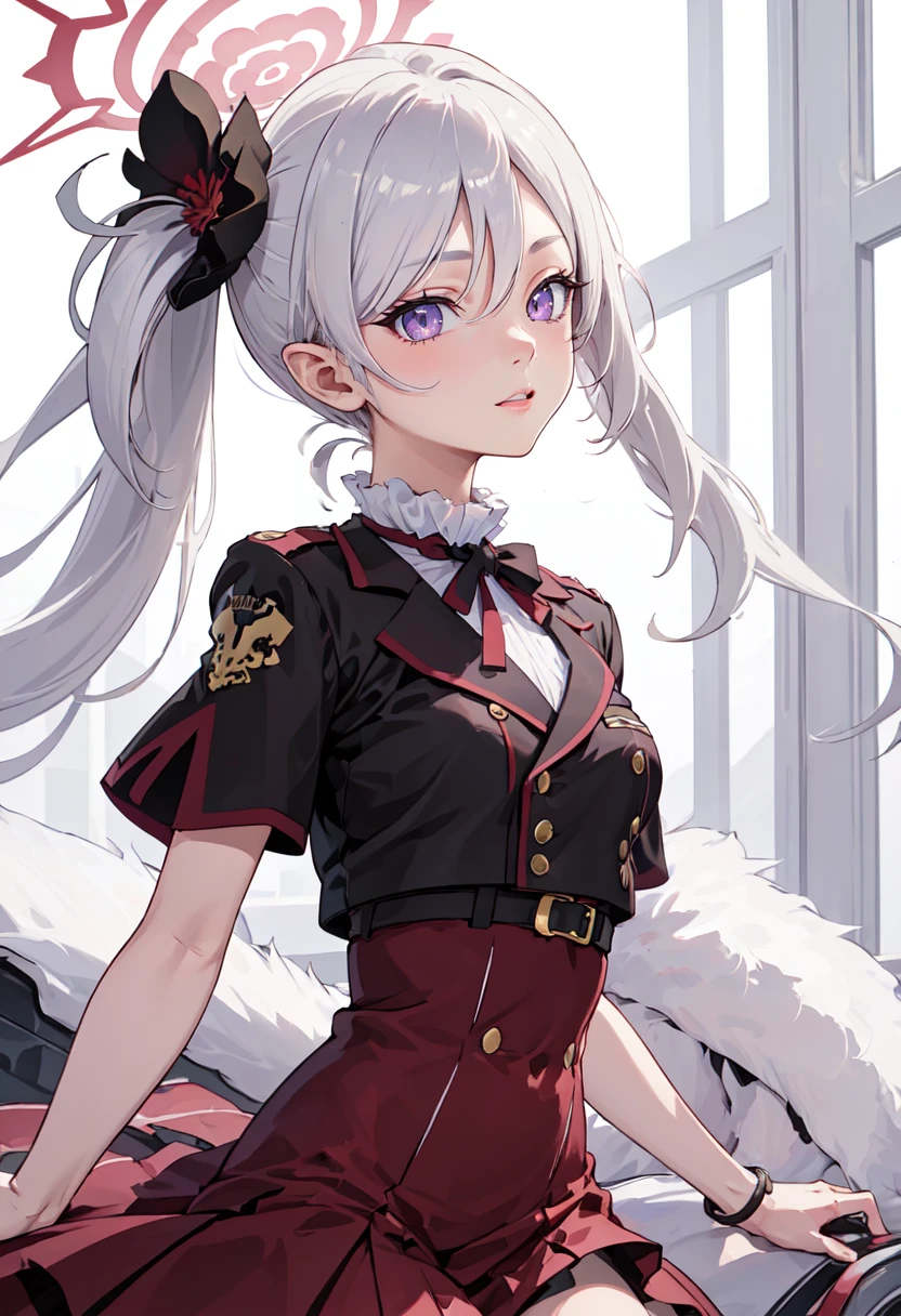 (masterpiece, sidelighting, finely detailed beautiful eyes: 1.2), (masterpiece*portrait), portrait, (bust), realistic, 3d face, lusious skin, ((solo)), (close-up of face), (scarlet eyes), hanging corners, (high detail skin, visible pores)), (Perfect Figure), a beautiful steampunk girl, small breasts, ((Student uniform containing a busted little blazer)), (Ribbon collar), (short gloves as short as half a palm)