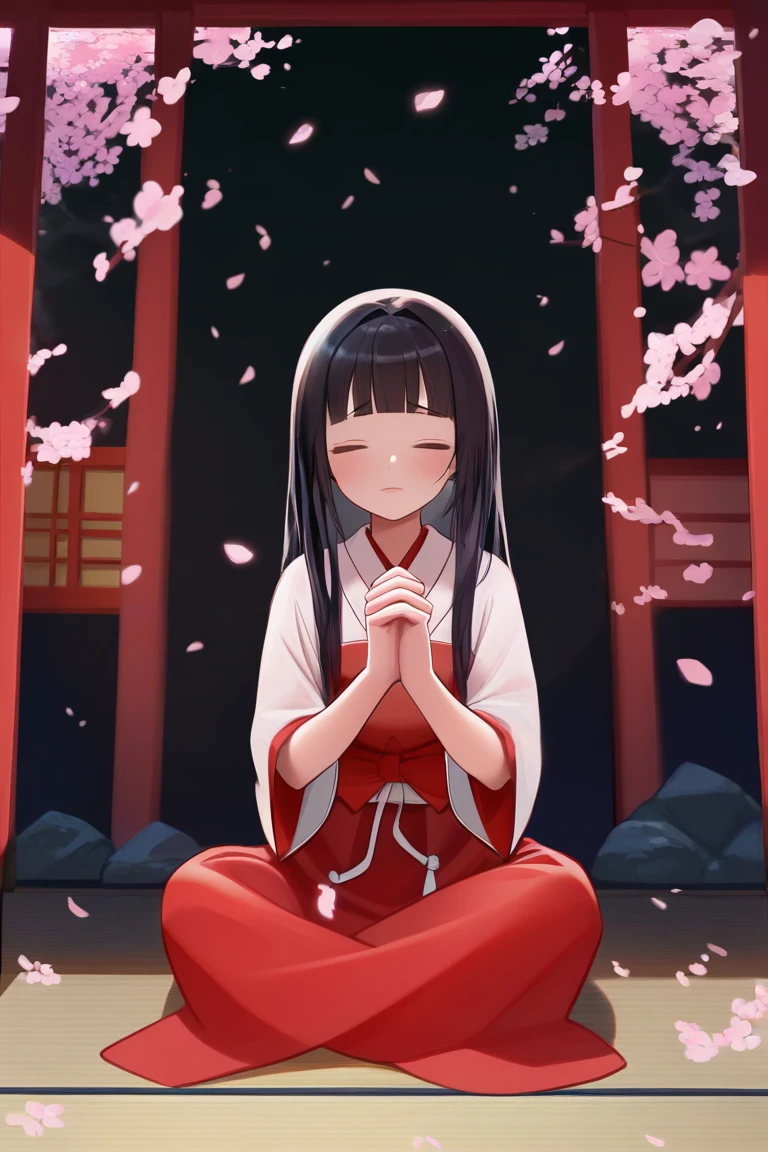 score_9, score_8_up, score_7_up, rating_safe BREAK
1girl, blunt bangs, forehead, extremely long hair, shiny black hair, closed eyes, flat chest, (praying hands), miko, red skirt, japanese clothes, on floor, (seiza), full body, wide shot, shrine, cherry blossoms